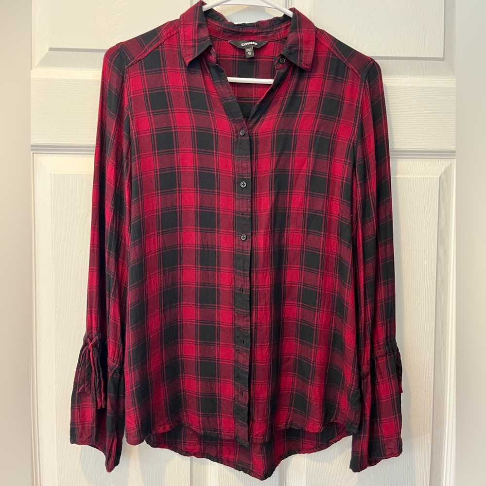 Express Red and Black Plaid Button-Down Shirt